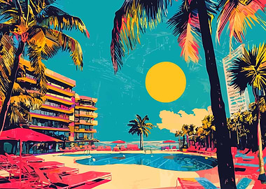 Tropical Resort Poolside Minimalist Art Illustration