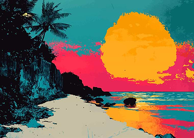 Tropical Beach Sunset Mirage Minimalist Abstract Art Illustration