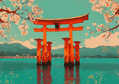Japanese Torii Gate Sakura Minimalist Art Illustration