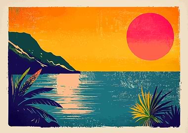 Tropical Beach Sunset Vintage Abstract Minimalist Art