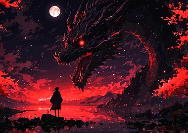 Dragon and Figure in Red Landscape