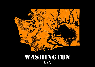 Washington USA State Minimalist Black Orange Topographic Contour Relief Map featuring terrain in orange color