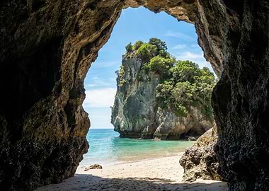 Cave View of Tropical Island Beach