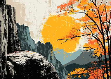 Asian Autumn Mountain Landscape Forest Minimalist Nature Art Illustration
