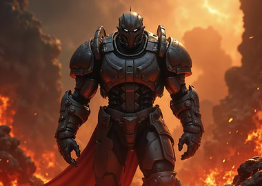 Futuristic Warrior in Fiery Landscape