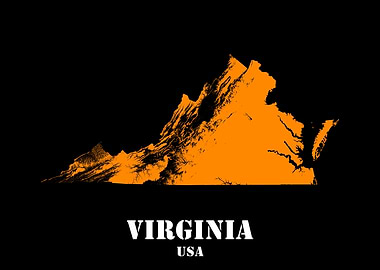 Virginia USA State Minimalist Black Orange Topographic Contour Relief Map featuring terrain in orange color