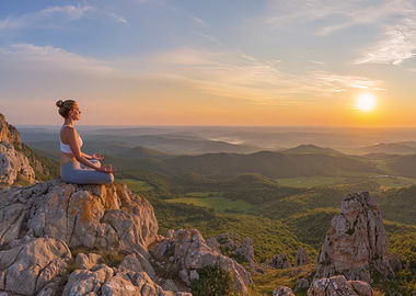 Woman meditating on mountain at sunrise