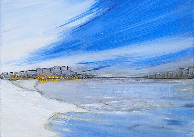 Coastal Cityscape Painting with Blue Sky
