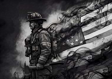 Honor from the Ashes: Firefighter with Smoke-Formed American Flag