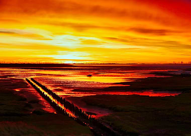 Fiery Sunset Over Water Landscape Norderney Surfbecken