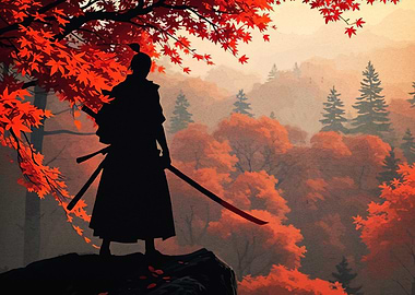 Samurai in Autumn Landscape