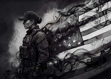 Steadfast Resolve: Female Police Officer with Smoke-Formed Flag