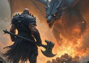 Warrior facing a dragon in fantasy landscape