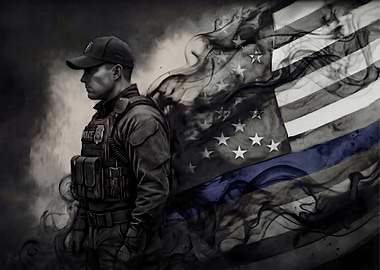 Blue Line Protector: Police Officer with Smoke-Formed Flag
