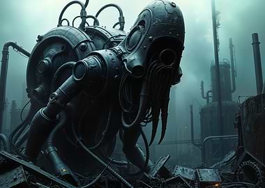 Steampunk Robot in Industrial Wasteland