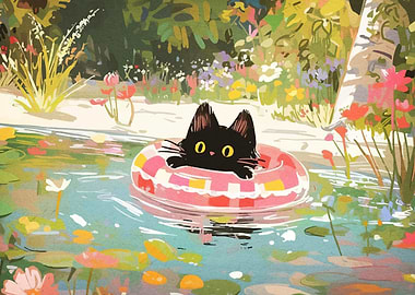 Black cat in a pool float