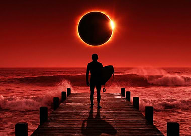Surfer on pier during solar eclipse