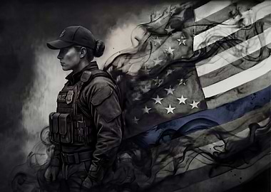 Blue Line Guardian: Female Officer with Smoke-Formed Flag