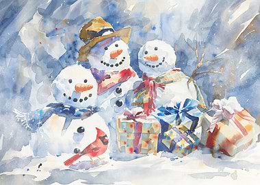 Watercolor Snowmen with Gifts and Cardinal
