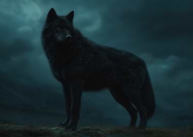 Majestic Black Wolf Under Moonlight