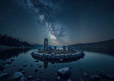 Stonehenge Island Under the Milky Way