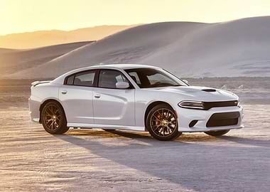 White Dodge Charger in Desert Landscape