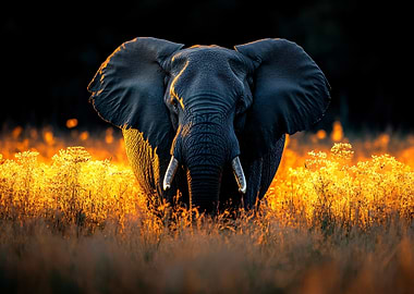 Elephant in golden field at sunset