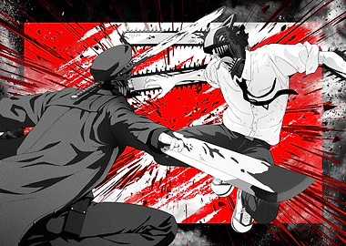 Chainsaw Man vs Katana Man Red Brutal Combat