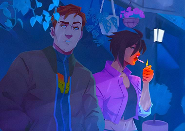 Two characters in a blue setting