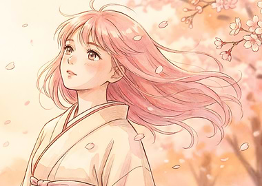 Anime Girl in Kimono with Cherry Blossoms