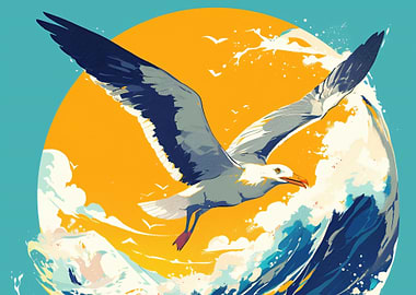 Seagull flying over ocean waves art