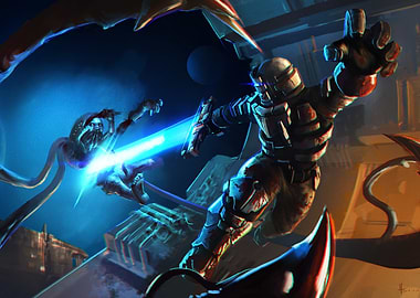 Sci-Fi Warrior Battling Alien Creature