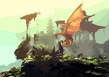 Dragon and Warrior Fantasy Battle Scene