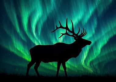 Elk Silhouette Under Aurora Borealis