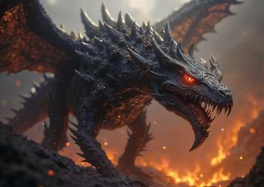 Menacing Black Dragon with Fiery Eyes