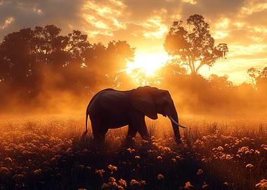 Elephant in Golden Sunset Field