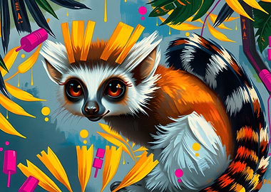 Stylized Lemur Portrait with Tropical Elements