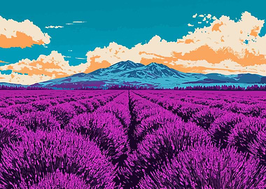 Lavender Field with Mountain Backdrop Minimalist Art Illustration