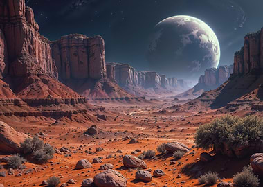 Extraterrestrial Canyon Landscape with Giant Moon