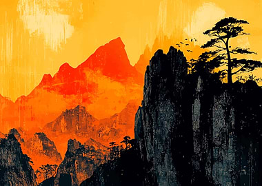 Asian Painting Style Landscape Minimalist Abstract Illustration Art