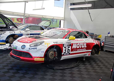 Alpine Race cars in garage, maintenance