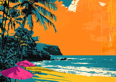 Retro Vintage Tropical Beach with Palm Trees Minimalist Abstract Art Illustration