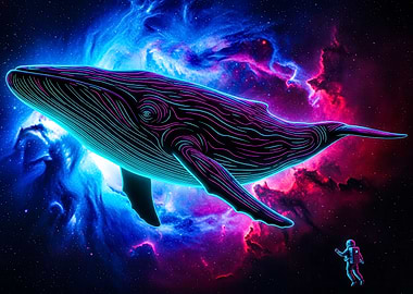 Neon Whale in Space with Astronaut