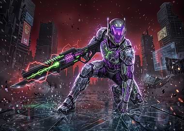 Cyberpunk Warrior in Ruined Cityscape