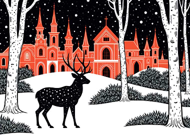 Winter Deer and Castle Illustration