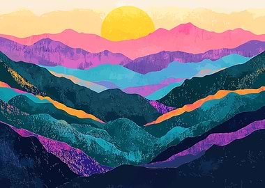 Mountain Ridges Sunset Minimalist Art Illustration