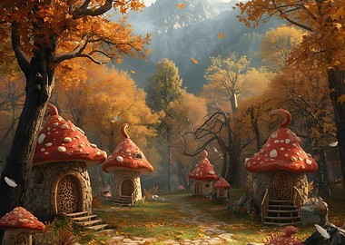 Mushroom Houses in Autumn Forest