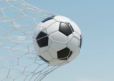Soccer ball in net against sky