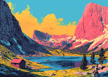 Mountain Lake Landscape Minimalist Art Illustration