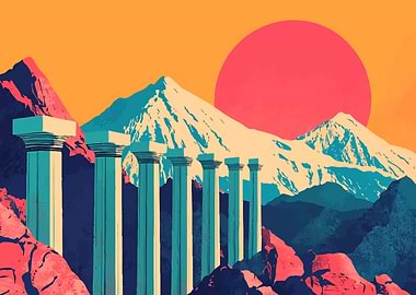 Surreal Greek Pillars and Mountain Sunset Landscape Minimalist Abstract Art Illustration